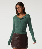 Ribbed Knit V Neck Long Sleeve Contrast Lace Casual Top — Mottled Greenlake — view 4