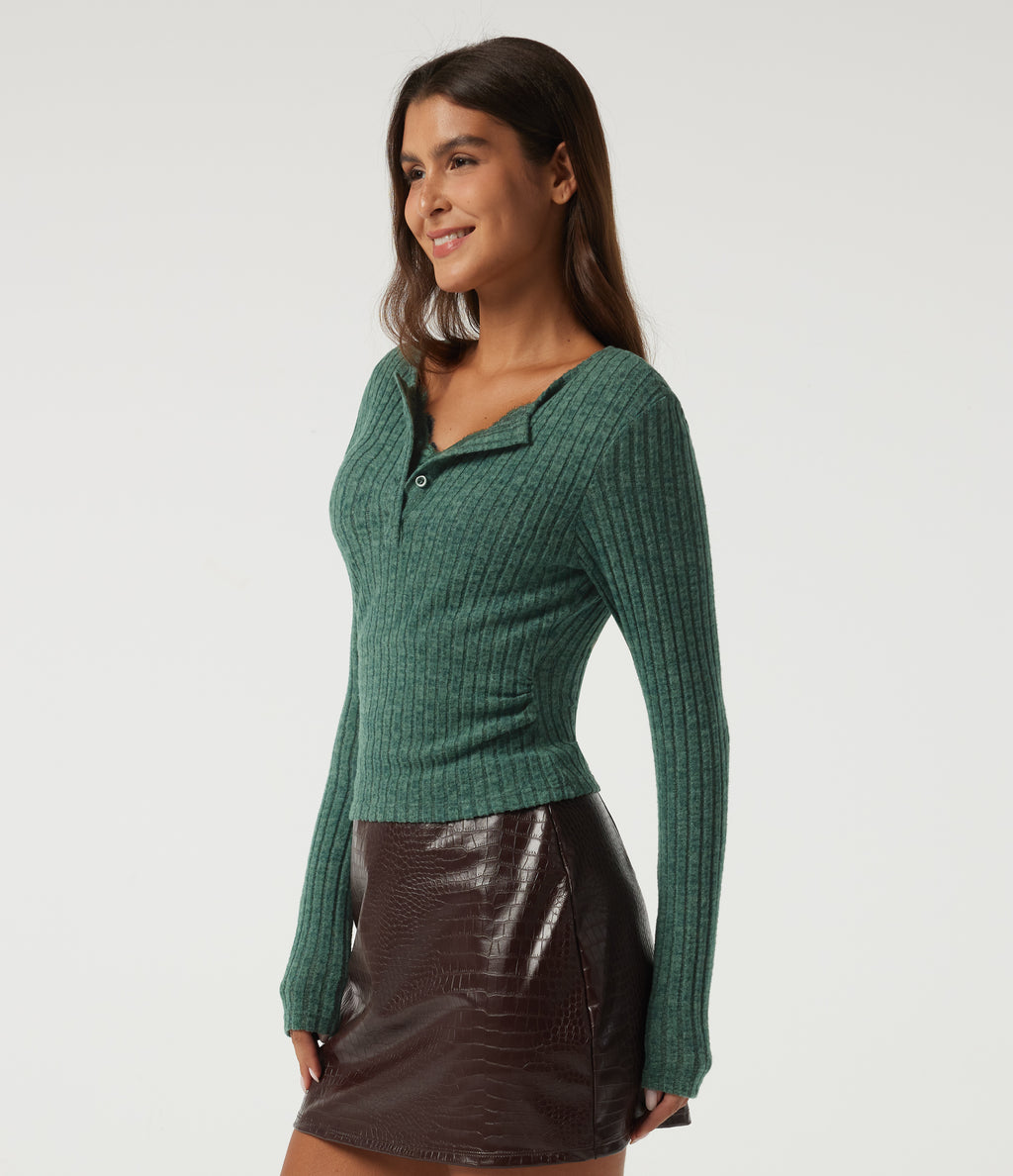Ribbed Knit V Neck Long Sleeve Contrast Lace Casual Top — Mottled Greenlake — view 3