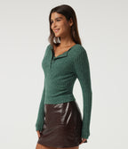 Ribbed Knit V Neck Long Sleeve Contrast Lace Casual Top — Mottled Greenlake — view 3