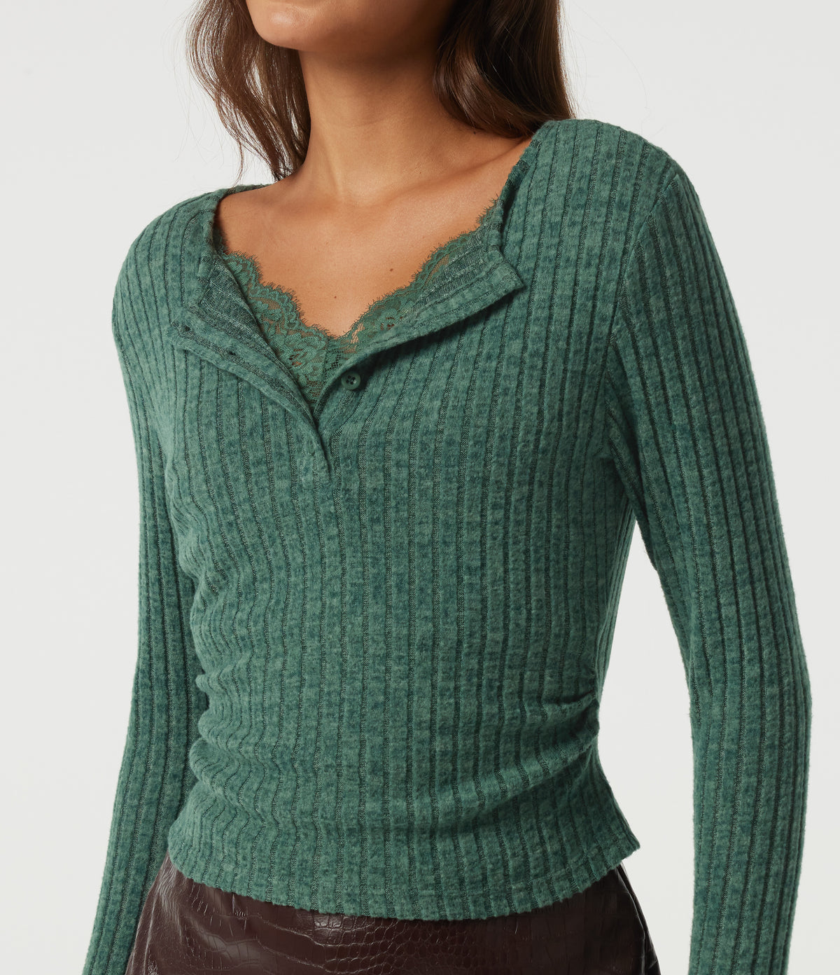 Ribbed Knit V Neck Long Sleeve Contrast Lace Casual Top — Mottled Greenlake — view 5