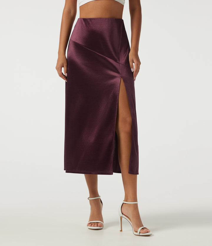 High Waisted A Line Satin Midi Casual Skirt — Fig — view 1
