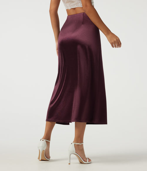 High Waisted A Line Satin Midi Casual Skirt — Fig — view 2