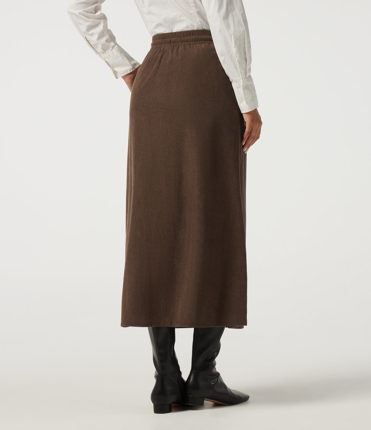 High Waisted Drawstring A-Line Corduroy Casual Midi Skirt with Pockets — Carafe — view 2