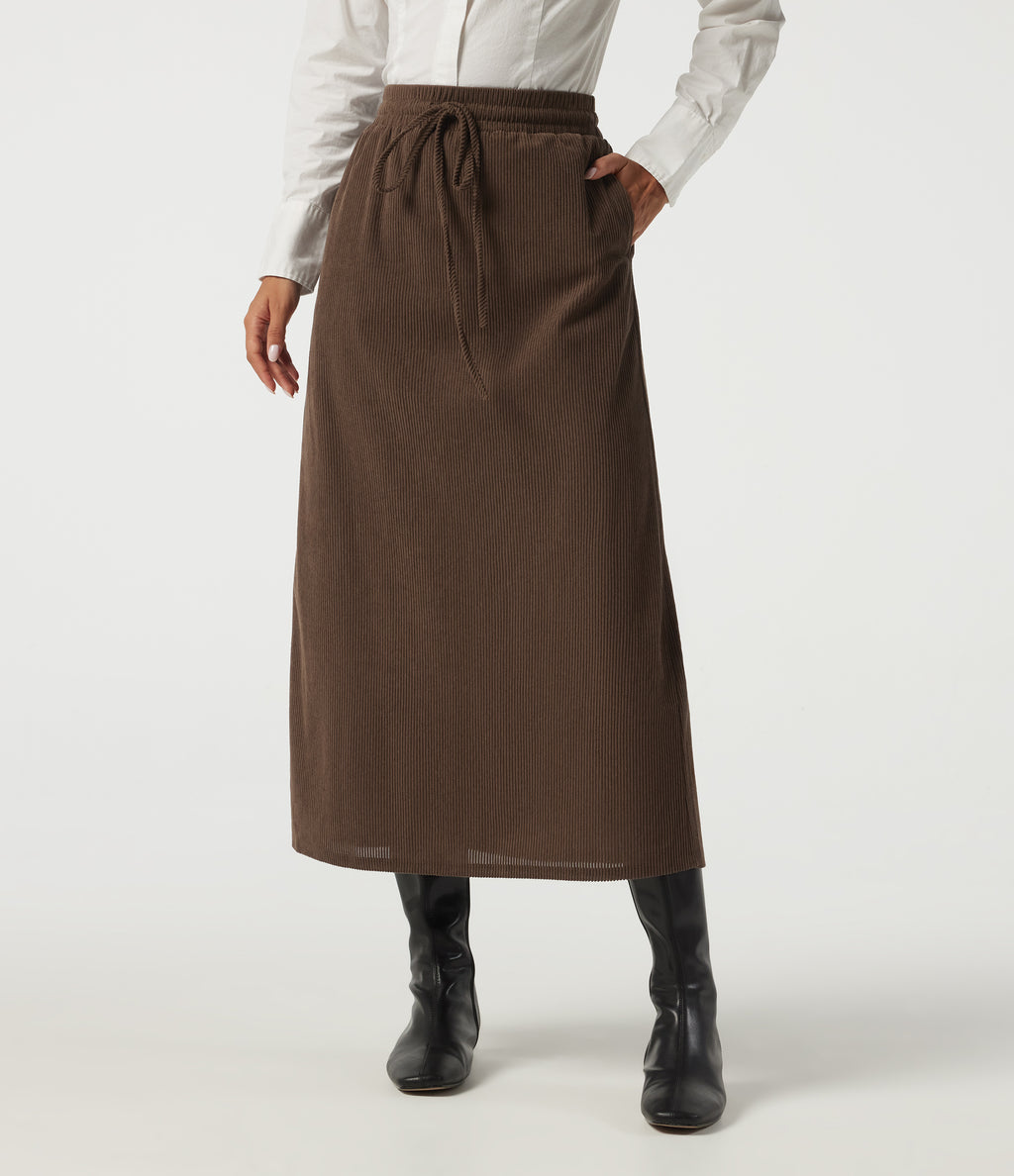 High Waisted Drawstring A-Line Corduroy Casual Midi Skirt with Pockets — Carafe — view 1