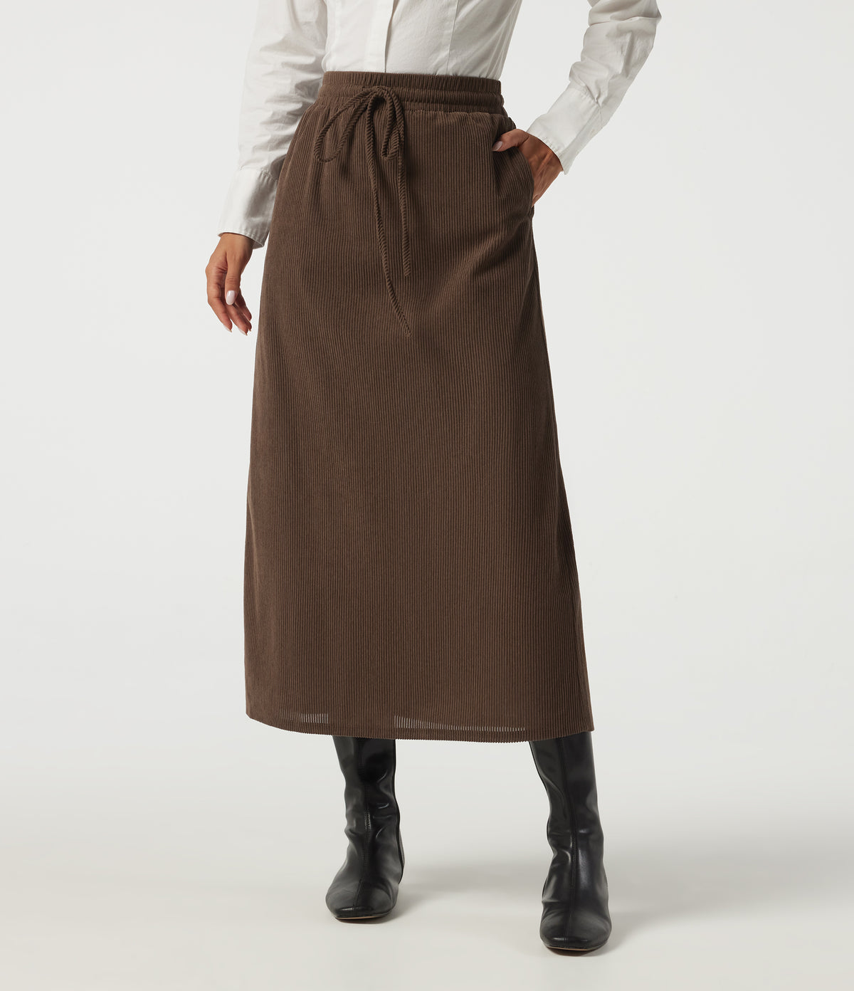 High Waisted Drawstring A-Line Corduroy Casual Midi Skirt with Pockets — Carafe — view 1