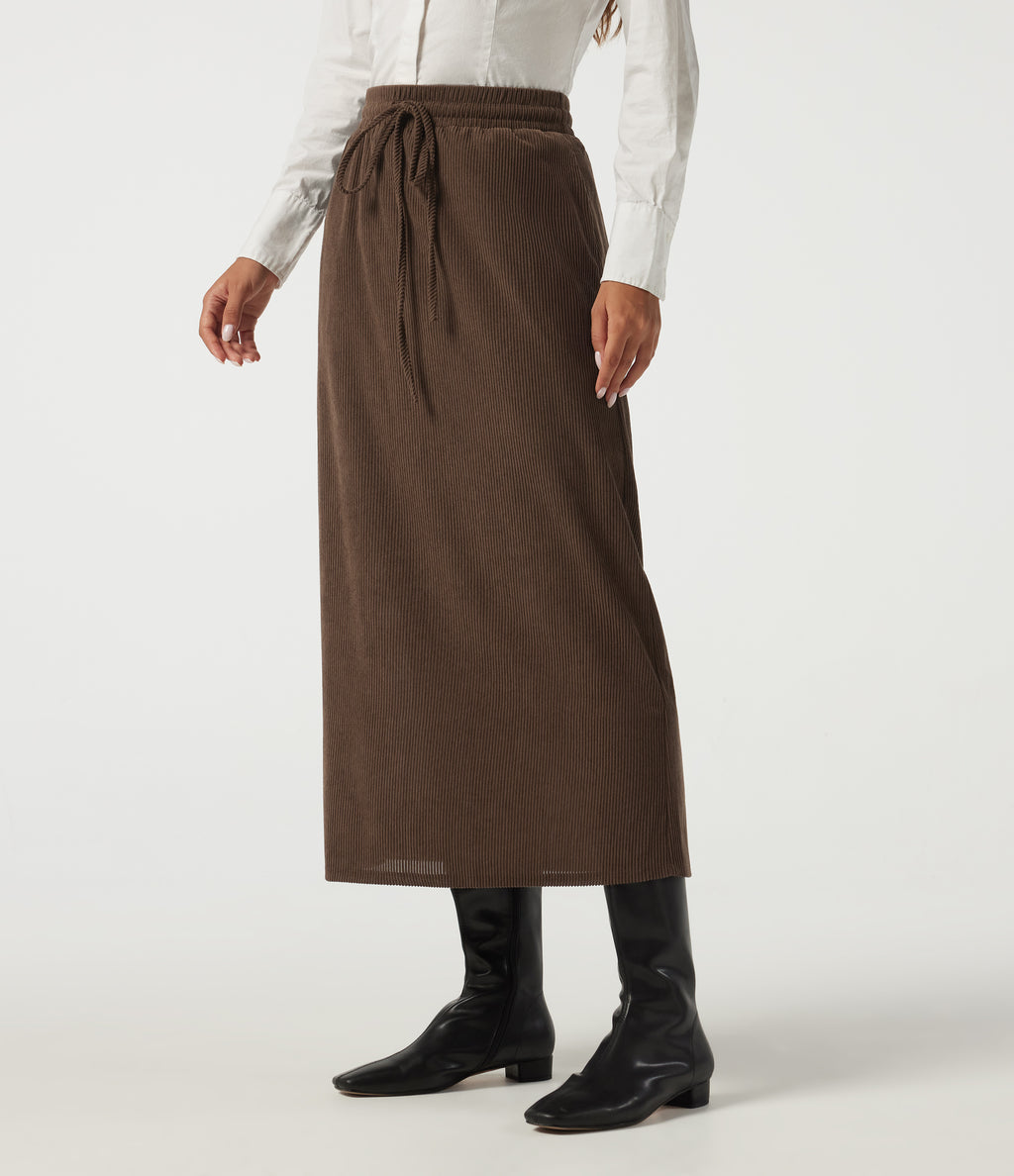 High Waisted Drawstring A-Line Corduroy Casual Midi Skirt with Pockets — Carafe — view 3