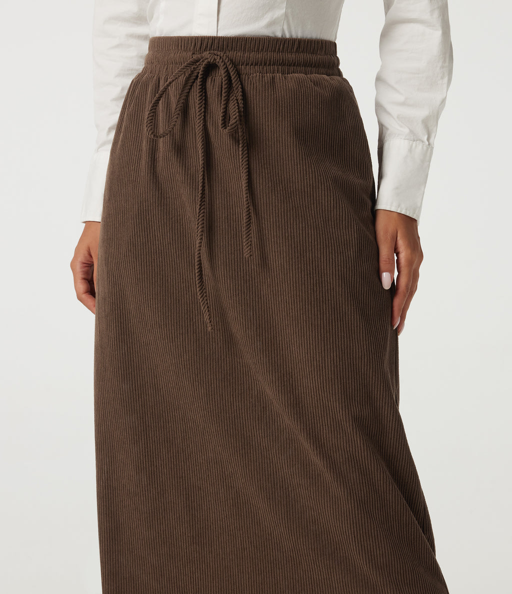 High Waisted Drawstring A-Line Corduroy Casual Midi Skirt with Pockets — Carafe — view 5