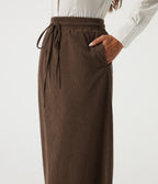 High Waisted Drawstring A-Line Corduroy Casual Midi Skirt with Pockets — Carafe — view 4