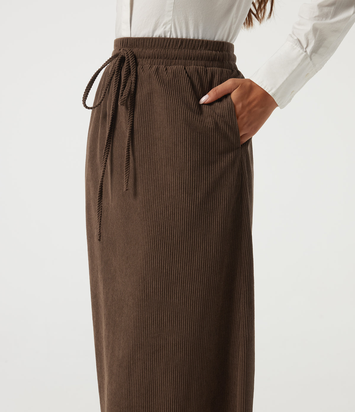 High Waisted Drawstring A-Line Corduroy Casual Midi Skirt with Pockets — Carafe — view 4