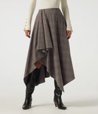 High Waisted Asymmetric Plaid A-Line Casual Midi Skirt with Pockets — Brown Houndstooth Plaid — view 3