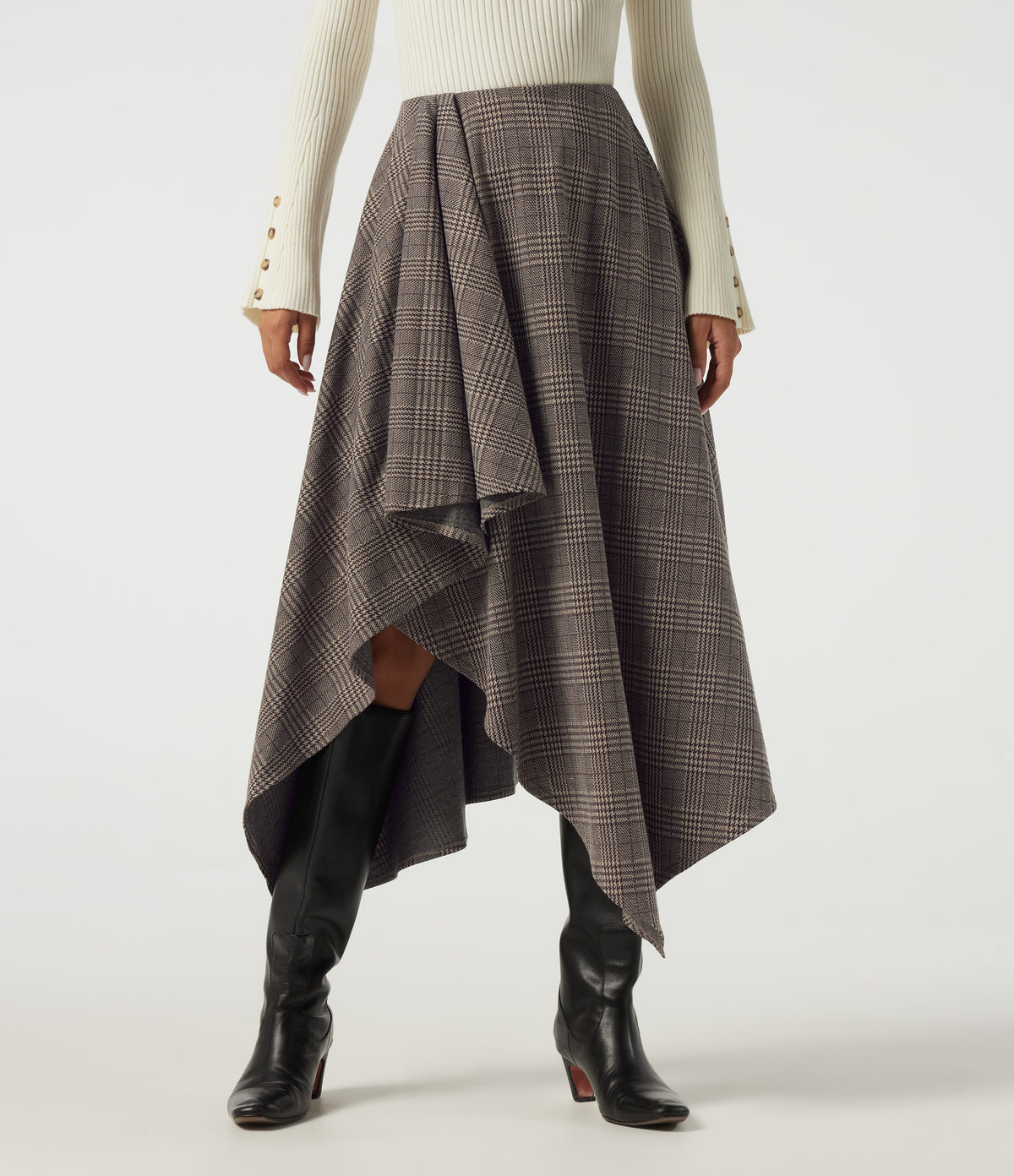High Waisted Asymmetric Plaid A-Line Casual Midi Skirt with Pockets — Brown Houndstooth Plaid — view 3