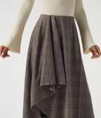 High Waisted Asymmetric Plaid A-Line Casual Midi Skirt with Pockets — Brown Houndstooth Plaid — view 4