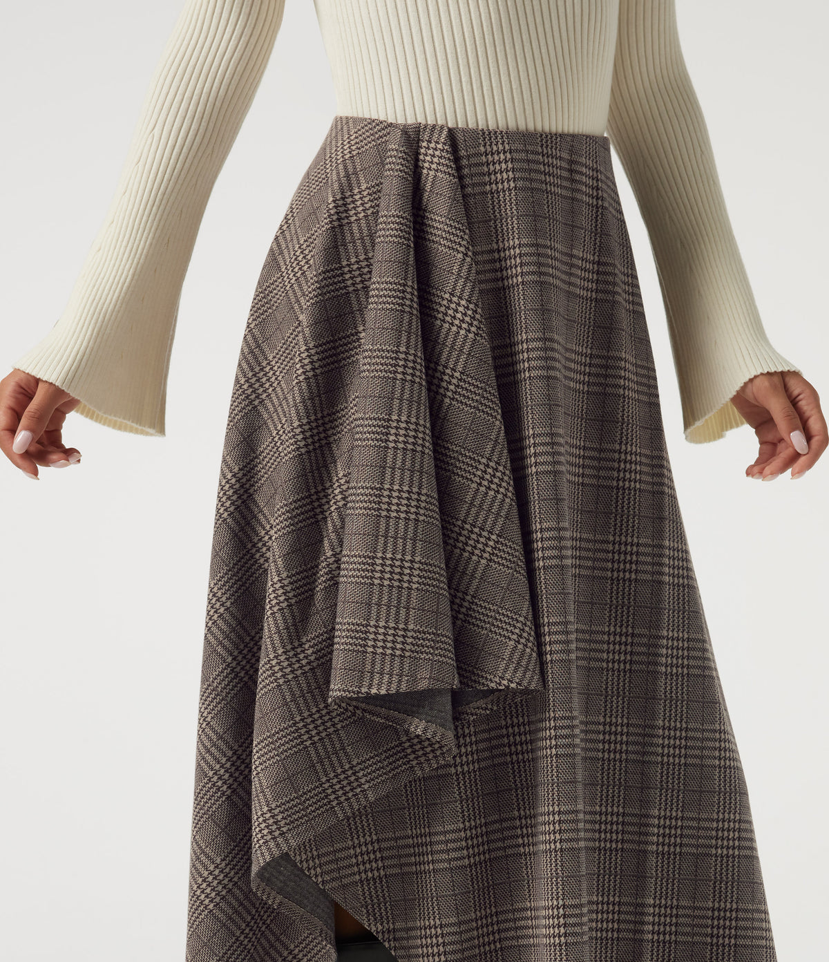 High Waisted Asymmetric Plaid A-Line Casual Midi Skirt with Pockets — Brown Houndstooth Plaid — view 4