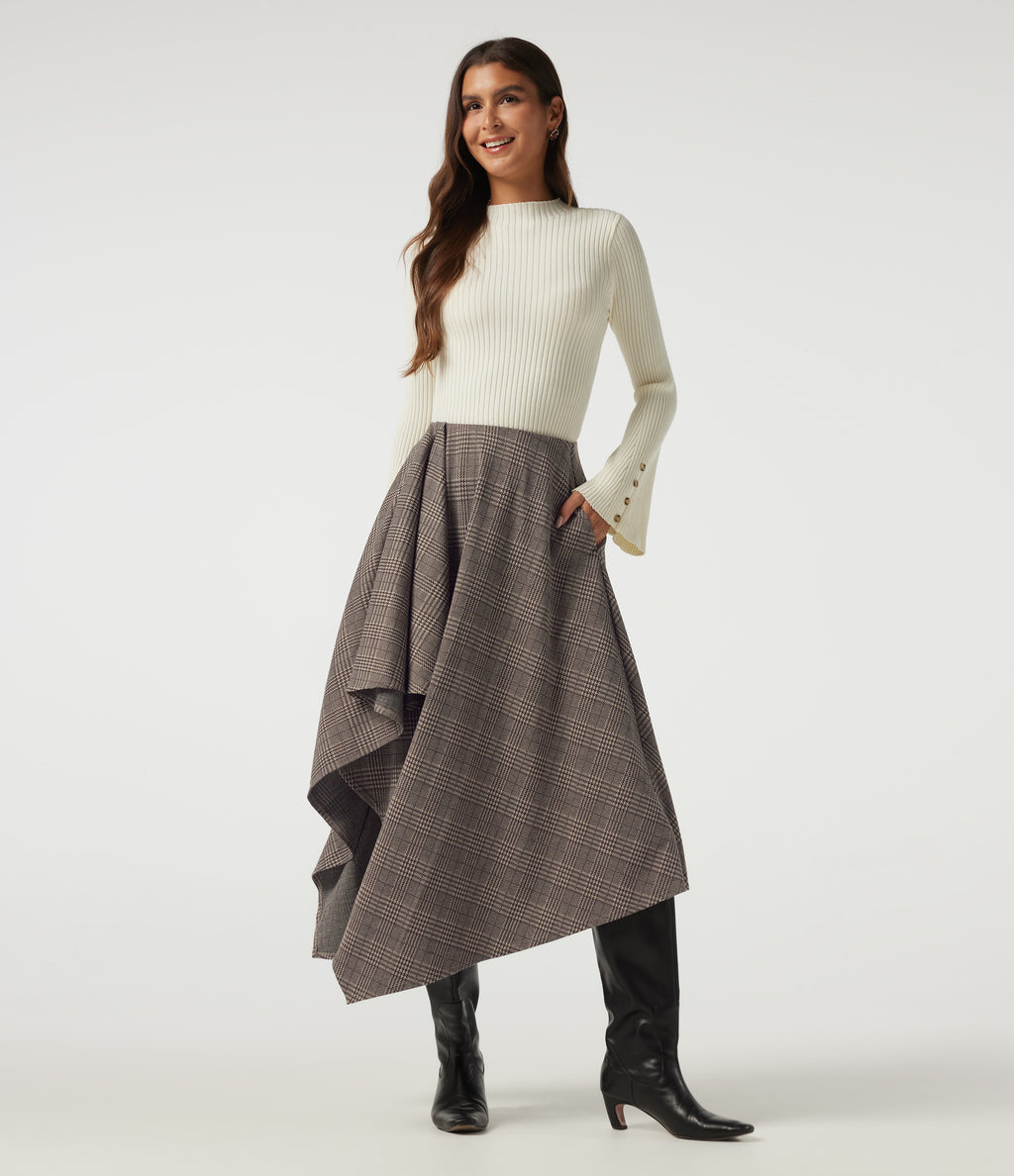 High Waisted Asymmetric Plaid A-Line Casual Midi Skirt with Pockets — Brown Houndstooth Plaid — view 6