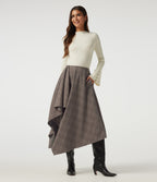 High Waisted Asymmetric Plaid A-Line Casual Midi Skirt with Pockets — Brown Houndstooth Plaid — view 6