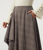 High Waisted Asymmetric Plaid A-Line Casual Midi Skirt with Pockets — Brown Houndstooth Plaid — view 5