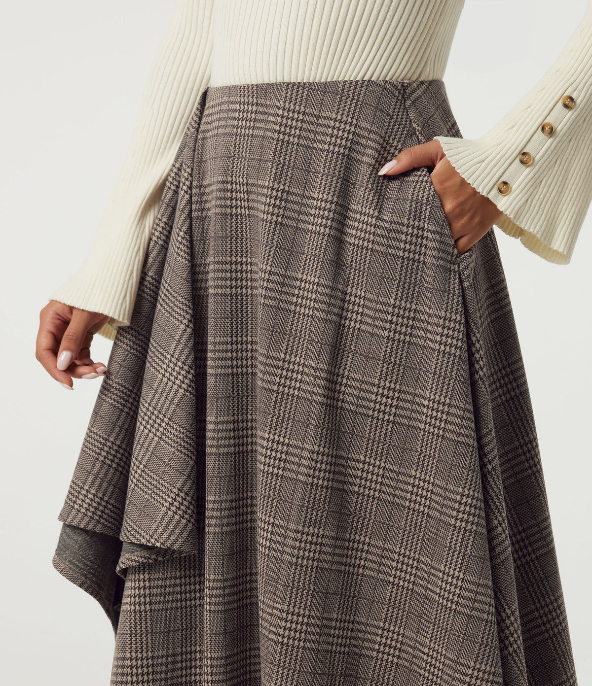 High Waisted Asymmetric Plaid A-Line Casual Midi Skirt with Pockets — Brown Houndstooth Plaid — view 5