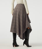 High Waisted Asymmetric Plaid A-Line Casual Midi Skirt with Pockets — Brown Houndstooth Plaid — view 2