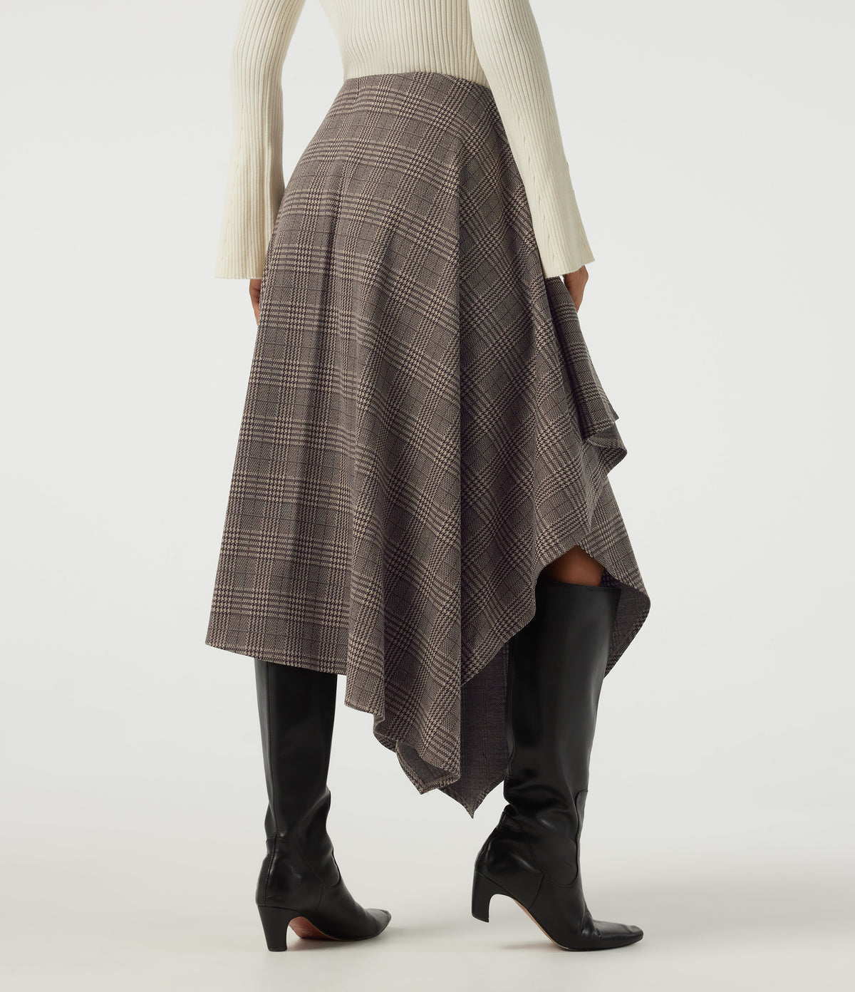 High Waisted Asymmetric Plaid A-Line Casual Midi Skirt with Pockets — Brown Houndstooth Plaid — view 2