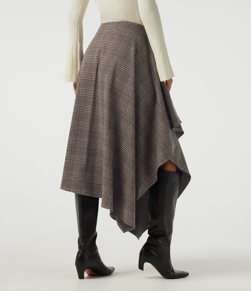 High Waisted Asymmetric Plaid A-Line Casual Midi Skirt with Pockets — Brown Houndstooth Plaid — view 2