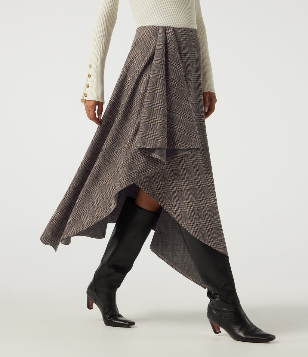 High Waisted Asymmetric Plaid A-Line Casual Midi Skirt with Pockets — Brown Houndstooth Plaid — view 1