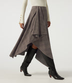 High Waisted Asymmetric Plaid A-Line Casual Midi Skirt with Pockets — Brown Houndstooth Plaid — view 1