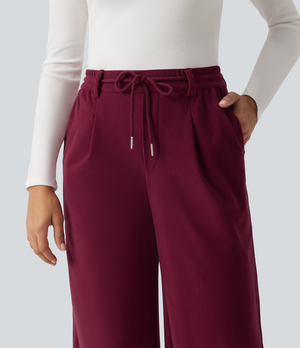 Mid Rise Drawstring Wide Leg Corduroy Casual Trousers with Pockets — Pomegranate — view 4