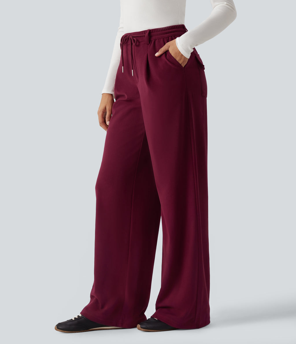 Mid Rise Drawstring Wide Leg Corduroy Casual Trousers with Pockets — Pomegranate — view 3