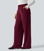 Mid Rise Drawstring Wide Leg Corduroy Casual Trousers with Pockets — Pomegranate — view 3