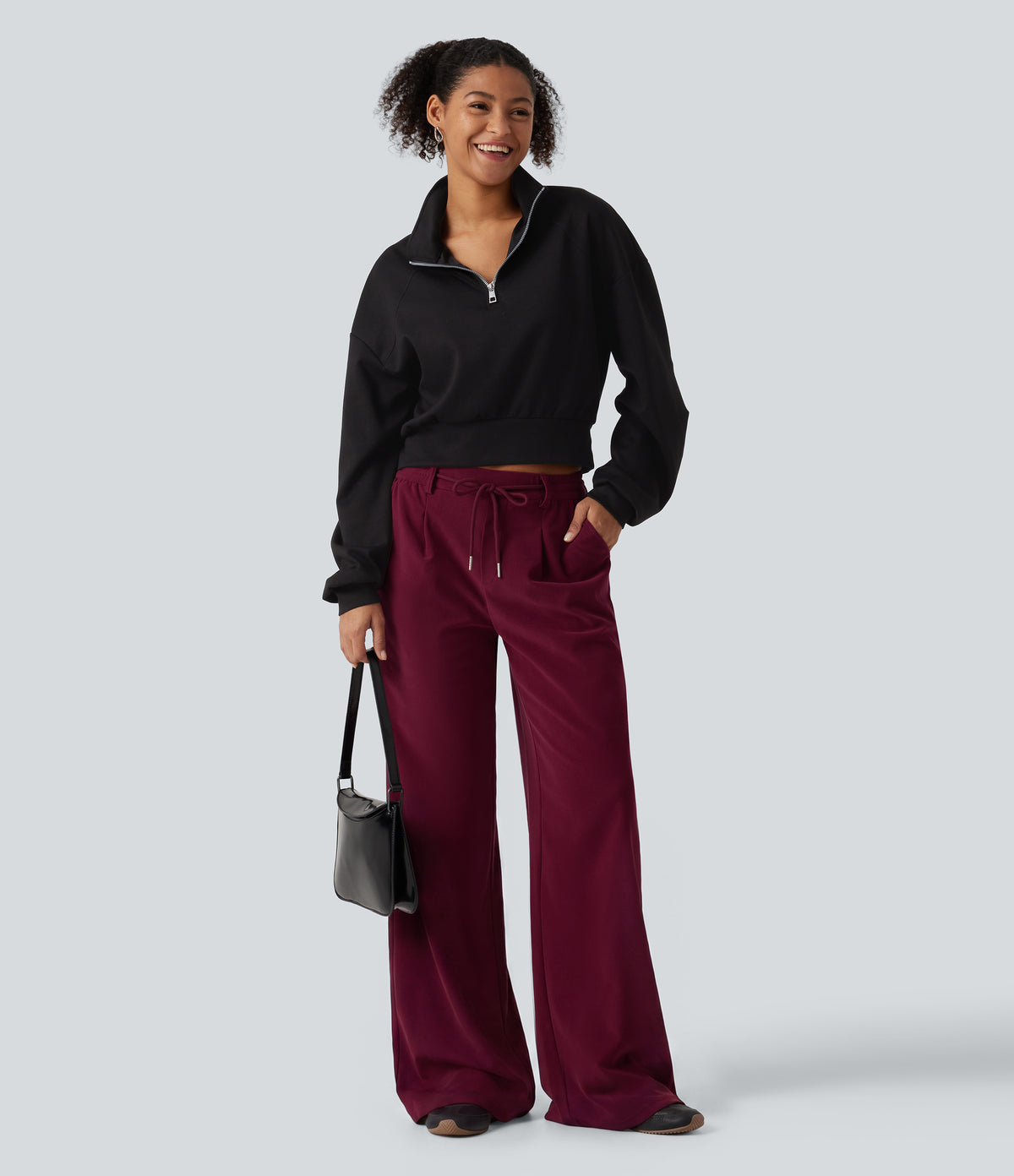Mid Rise Drawstring Wide Leg Corduroy Casual Trousers with Pockets — Pomegranate — view 7