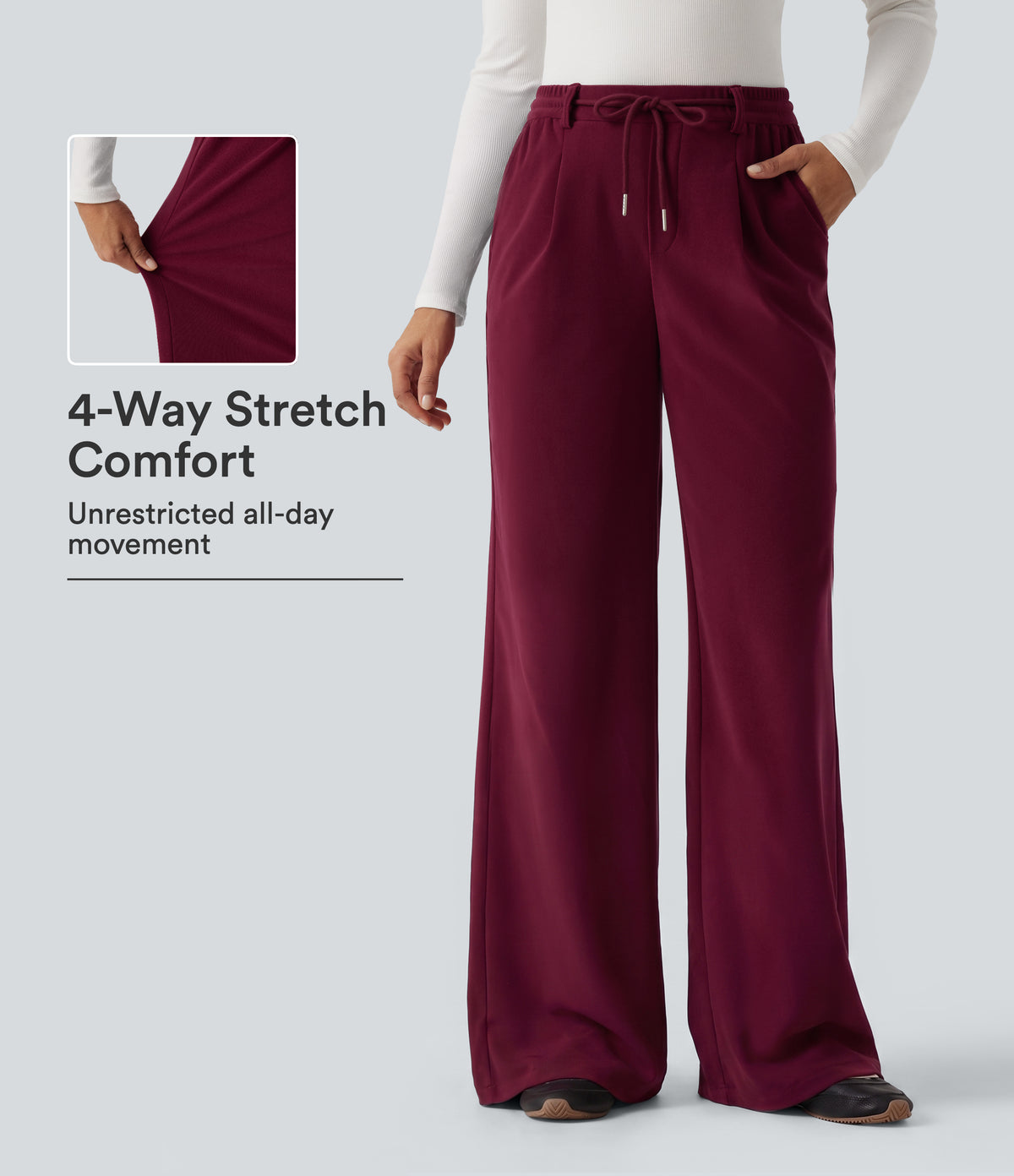 Mid Rise Drawstring Wide Leg Corduroy Casual Trousers with Pockets — Pomegranate — view 1
