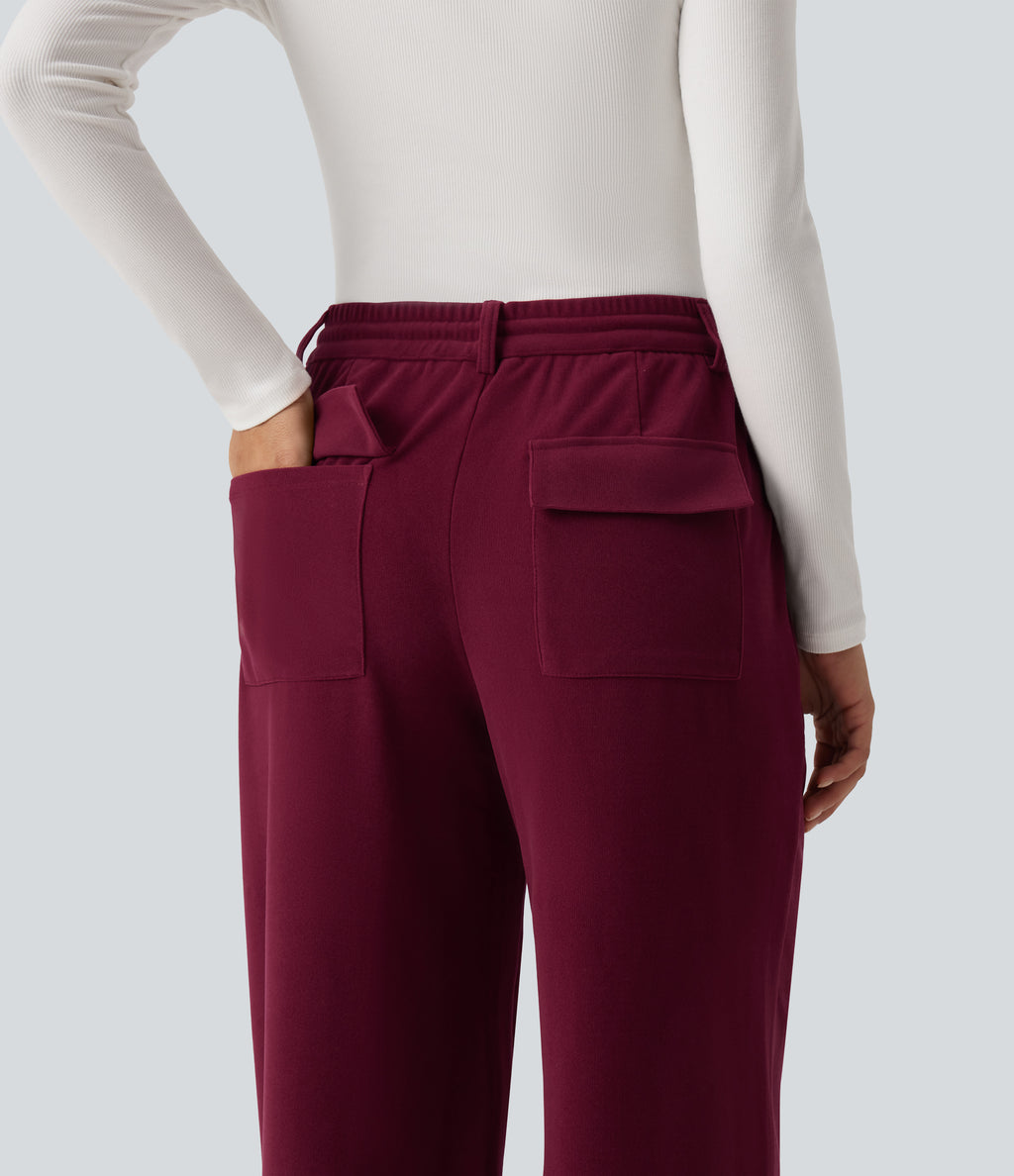 Mid Rise Drawstring Wide Leg Corduroy Casual Trousers with Pockets — Pomegranate — view 5