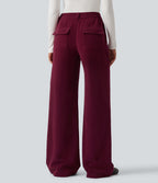 Mid Rise Drawstring Wide Leg Corduroy Casual Trousers with Pockets — Pomegranate — view 2