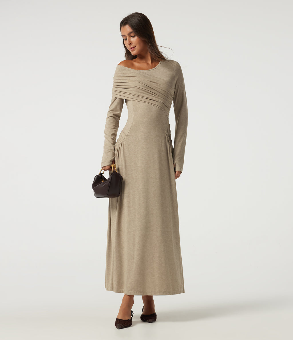 One Shoulder Ruched Stacked A-Line Casual Maxi Dress with Thumb Holes — Khaki Floral Yarn — view 8