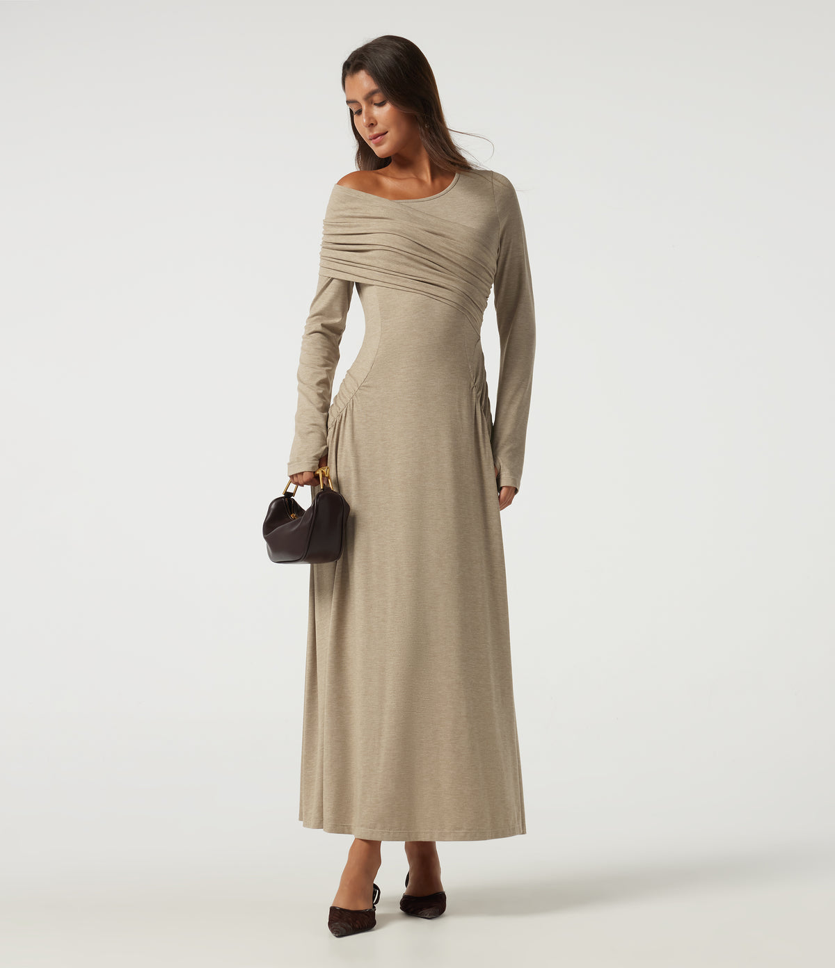 One Shoulder Ruched Stacked A-Line Casual Maxi Dress with Thumb Holes — Khaki Floral Yarn — view 8