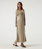 One Shoulder Ruched Stacked A-Line Casual Maxi Dress with Thumb Holes — Khaki Floral Yarn — view 3