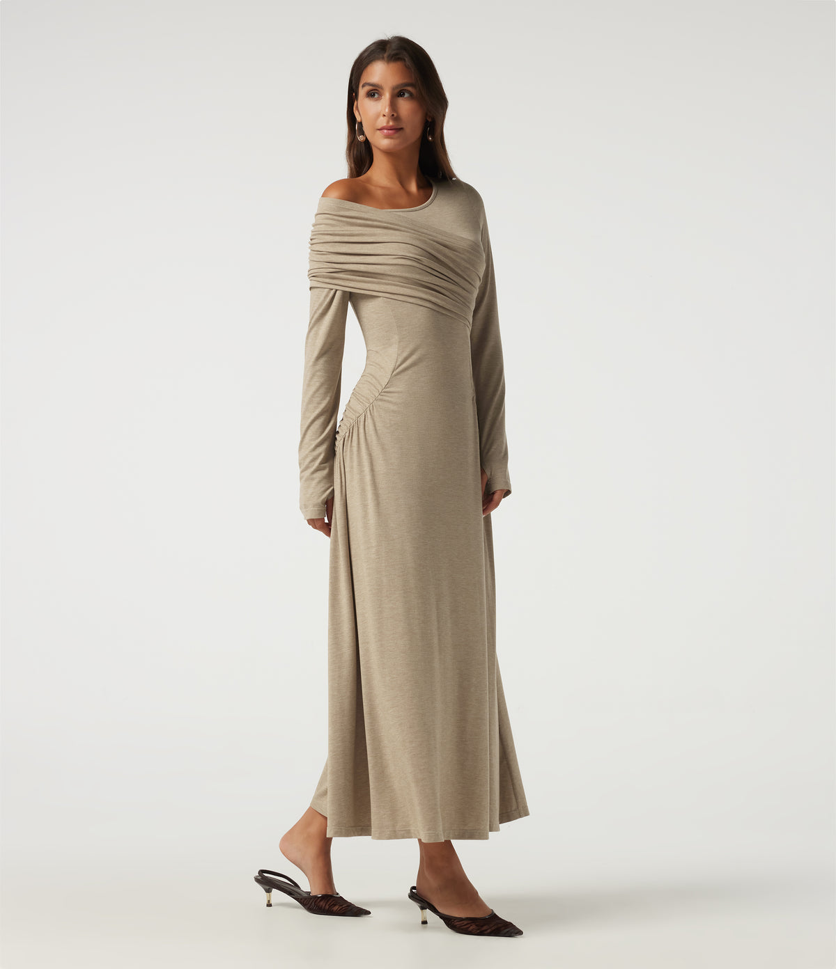One Shoulder Ruched Stacked A-Line Casual Maxi Dress with Thumb Holes — Khaki Floral Yarn — view 3