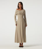 One Shoulder Ruched Stacked A-Line Casual Maxi Dress with Thumb Holes — Khaki Floral Yarn — view 1