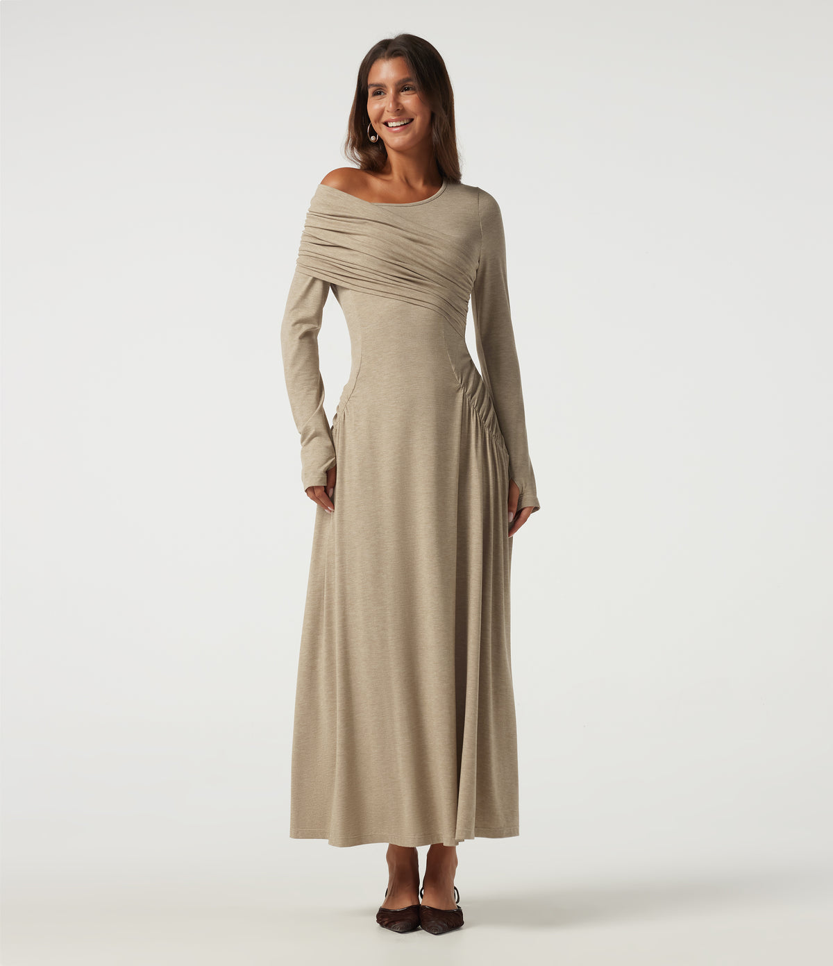 One Shoulder Ruched Stacked A-Line Casual Maxi Dress with Thumb Holes — Khaki Floral Yarn — view 1
