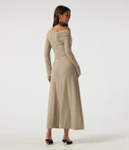 One Shoulder Ruched Stacked A-Line Casual Maxi Dress with Thumb Holes — Khaki Floral Yarn — view 2