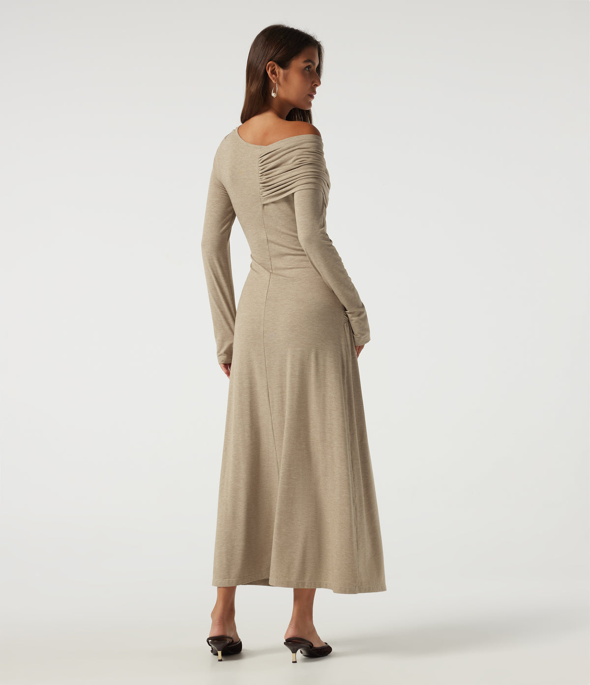 One Shoulder Ruched Stacked A-Line Casual Maxi Dress with Thumb Holes — Khaki Floral Yarn — view 2