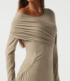 One Shoulder Ruched Stacked A-Line Casual Maxi Dress with Thumb Holes — Khaki Floral Yarn — view 5