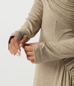 One Shoulder Ruched Stacked A-Line Casual Maxi Dress with Thumb Holes — Khaki Floral Yarn — view 7