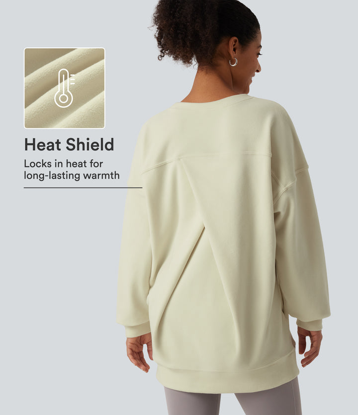 Round Neck Long Sleeve Crisscross Back Fleece Casual Sweatshirt with Pockets — Bone White — view 1