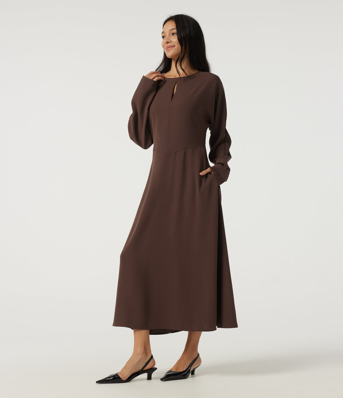 Round Neck Batwing Long Sleeve Midi Work Dress with Pockets — Brown Stone — view 3
