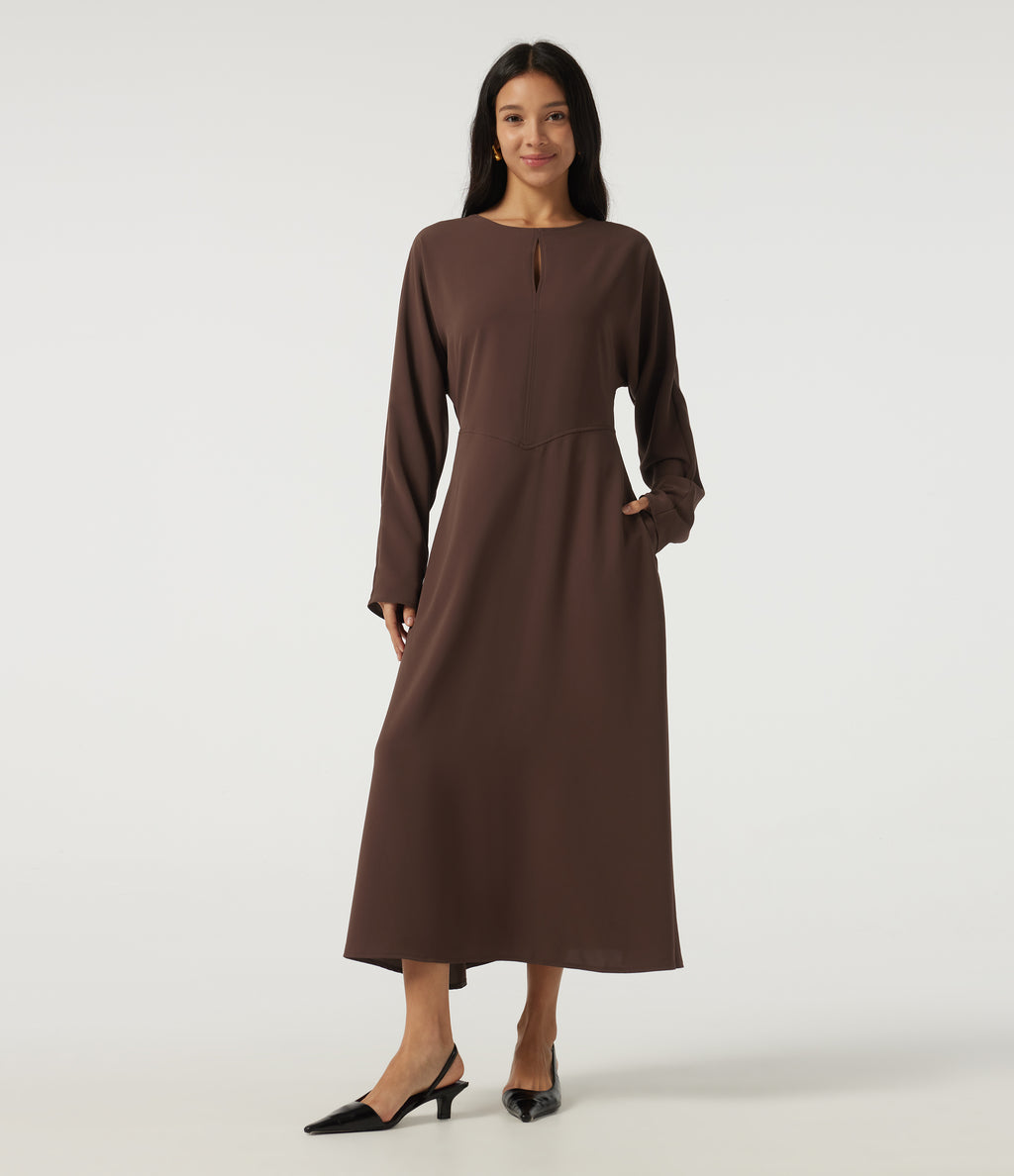 Round Neck Batwing Long Sleeve Midi Work Dress with Pockets — Brown Stone — view 1