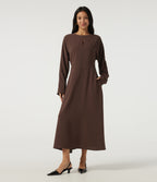 Round Neck Batwing Long Sleeve Midi Work Dress with Pockets — Brown Stone — view 1