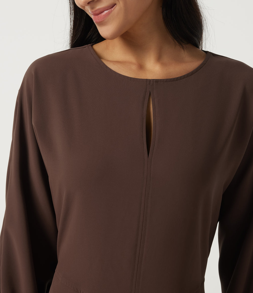 Round Neck Batwing Long Sleeve Midi Work Dress with Pockets — Brown Stone — view 6
