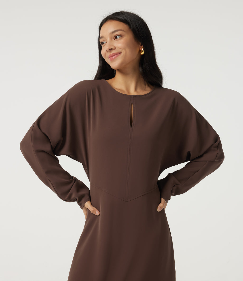 Round Neck Batwing Long Sleeve Midi Work Dress with Pockets — Brown Stone — view 4