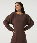 Round Neck Batwing Long Sleeve Midi Work Dress with Pockets — Brown Stone — view 4